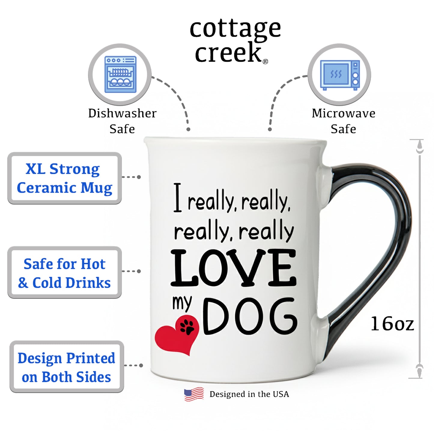 Cottage Creek Coffee Cups | I Really Love My Dog 16oz Ceramic Coffee Mug | Ideal I Love My Dog Gifts for Women, Men | Funny Gifts for Mom, Dad, Girlfriend, Boyfriend