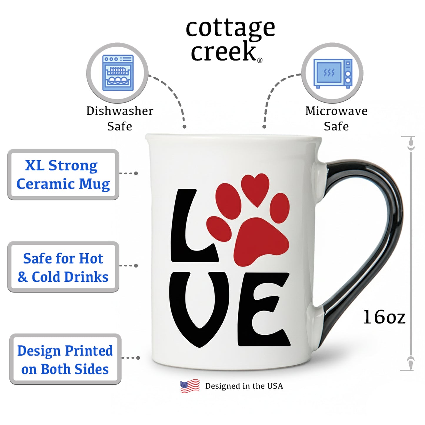 Cottage Creek Coffee Cups | I Love Dogs 16oz Ceramic Coffee Mug | Ideal I Love My Dog Gifts for Women, Men | Funny Gifts for Mom, Dad, Girlfriend, Boyfriend