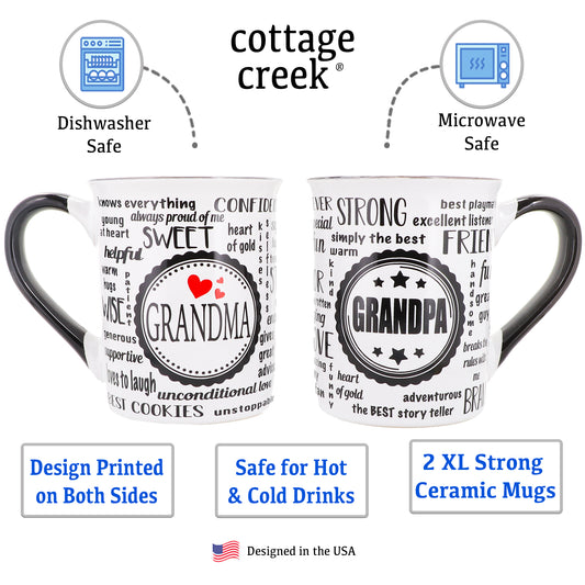 Cottage Creek Coffee Mug Set, Grandma and Grandpa Coffee Mug Set, Large Ceramic 16oz Set of Two Mugs with Black Handle, Grandma Mug, Grandpa Mug