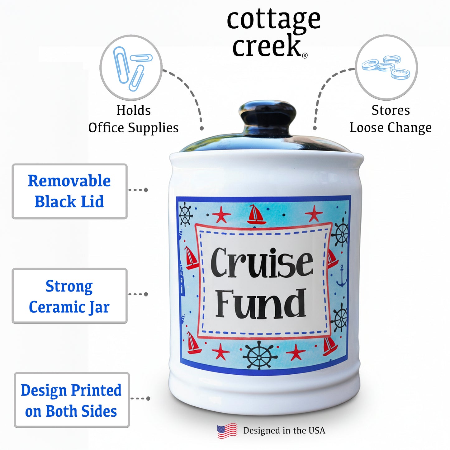 Cottage Creek Jars | Cruise Fund Piggy Bank, Travel Essentials Vacation Money Jar | Fun Birthday Gifts for Women, Men, Couples | Ceramic Travel Fund Bank, 6-Inch Cruise Essentials Jar