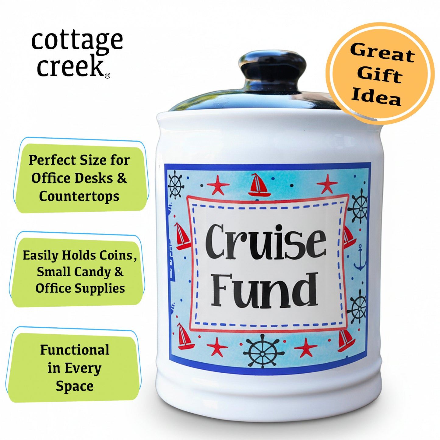 Cottage Creek Jars | Cruise Fund Piggy Bank, Travel Essentials Vacation Money Jar | Fun Birthday Gifts for Women, Men, Couples | Ceramic Travel Fund Bank, 6-Inch Cruise Essentials Jar