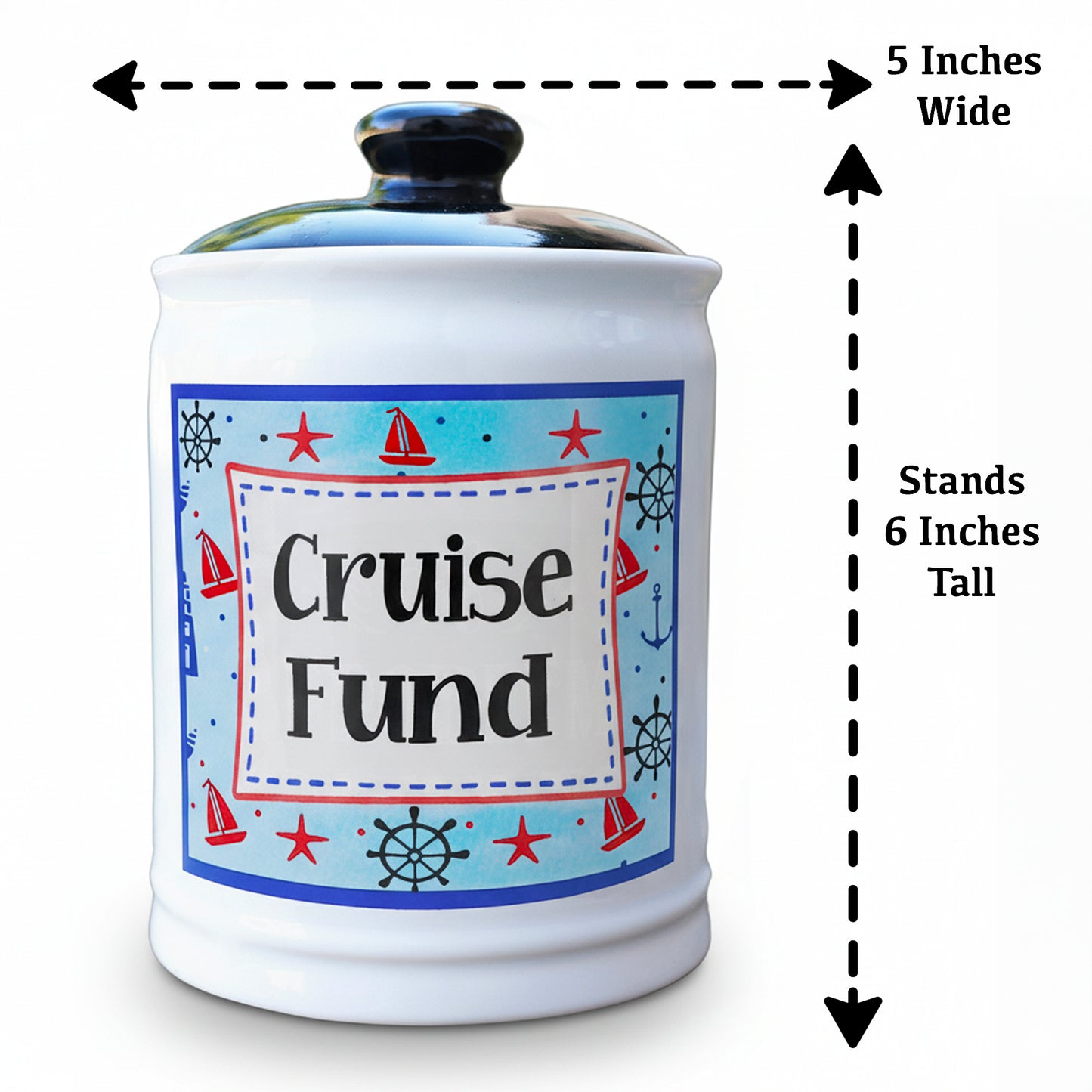 Cottage Creek Jars | Cruise Fund Piggy Bank, Travel Essentials Vacation Money Jar | Fun Birthday Gifts for Women, Men, Couples | Ceramic Travel Fund Bank, 6-Inch Cruise Essentials Jar