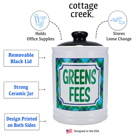 Cottage Creek Greens Fees Ceramic Piggy Bank for Adults - White Kiln-Fired Money Bank with Lid - 6" Tall Savings Jar for Golfers - Funny Golf Themed Gifts for Men & Women, Dad, & Golf Lovers