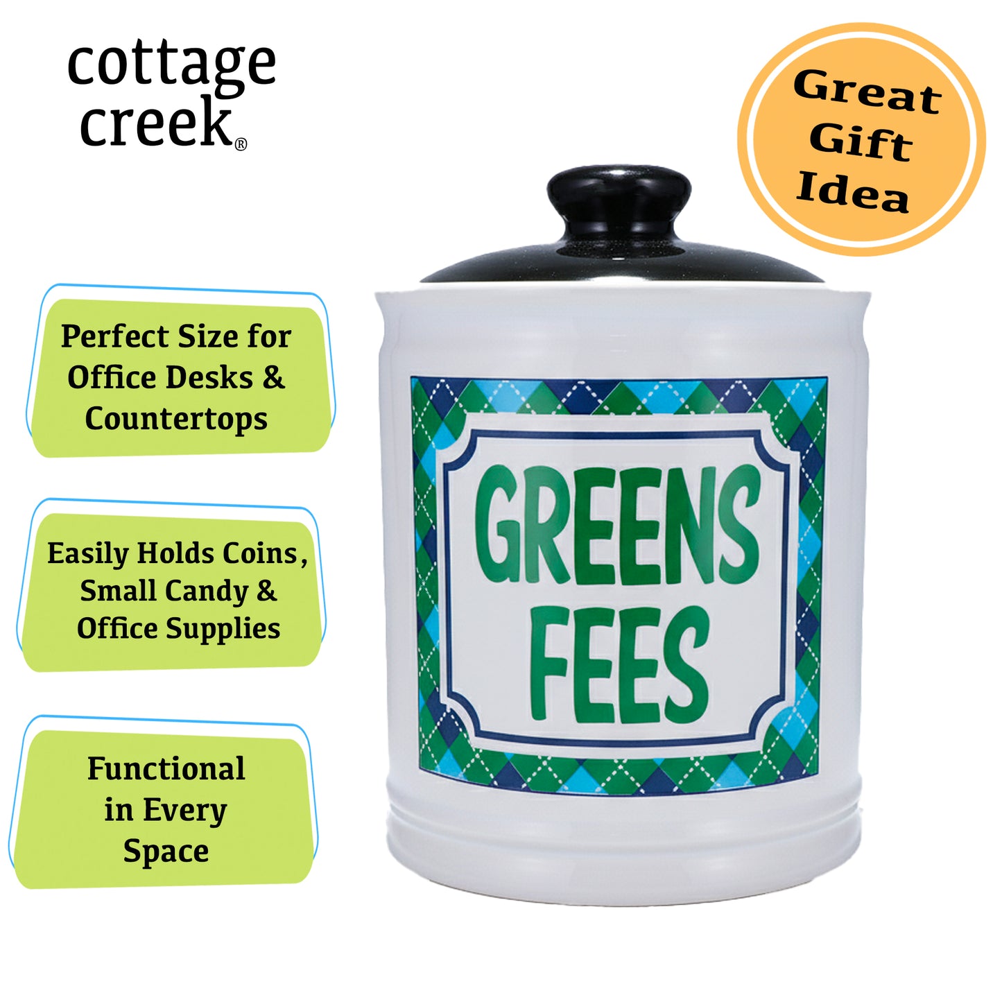 Cottage Creek Greens Fees Ceramic Piggy Bank for Adults - White Kiln-Fired Money Bank with Lid - 6" Tall Savings Jar for Golfers - Funny Golf Themed Gifts for Men & Women, Dad, & Golf Lovers