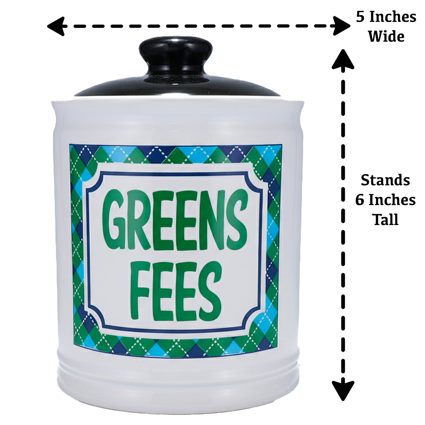 Cottage Creek Greens Fees Ceramic Piggy Bank for Adults - White Kiln-Fired Money Bank with Lid - 6" Tall Savings Jar for Golfers - Funny Golf Themed Gifts for Men & Women, Dad, & Golf Lovers