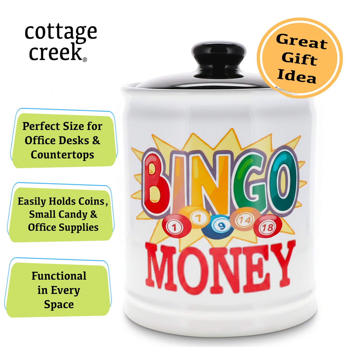 Cottage Creek Bingo Money Jar for Adults – 6" Ceramic Piggy Bank & Funny Coin Jar for Bingo Lovers, White Elephant Gifts, and Home Décor – Durable, Fun & Perfectly Gift-Boxed for Men & Women