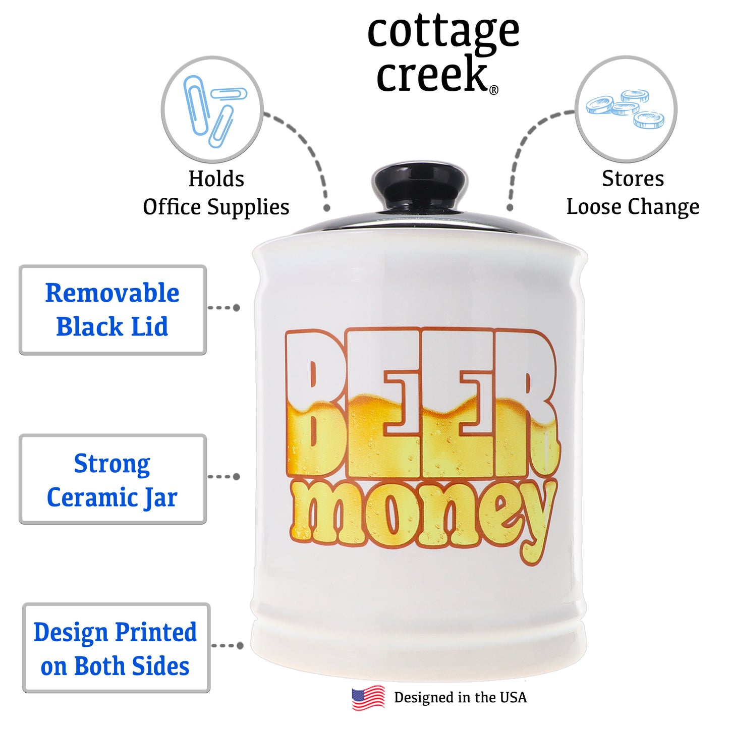 Cottage Creek 6" White Ceramic Beer Money Piggy Bank for Adults with Lid | Decorative Coin Bank & Funny Gifts for Women, Men, Boyfriend, Friends & Loved Ones