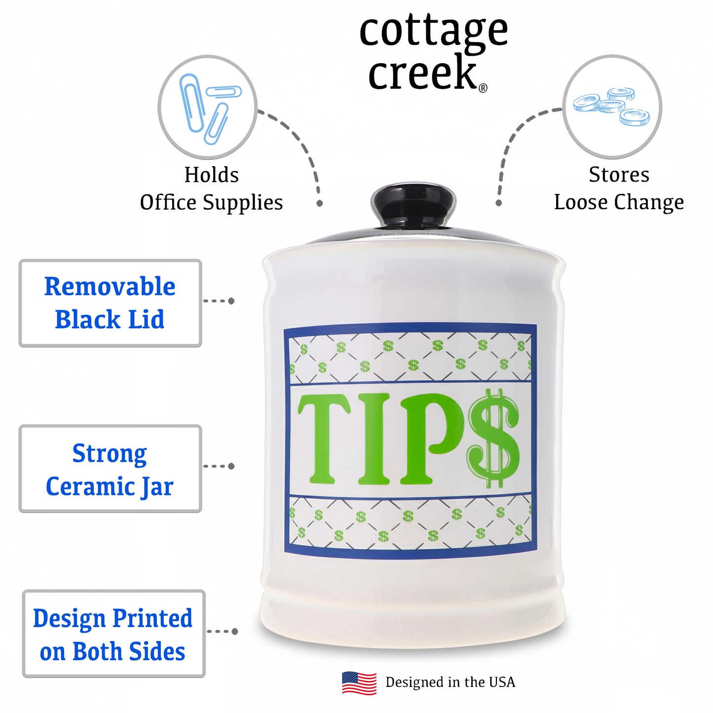 Cottage Creek Jars | Tip Jar for Money | Ceramic Tips Piggy Bank, Donation, Gratitude Tips Jar | Gifts for Women, Men, Musicians, Bartender | Christmas Gift Ideas