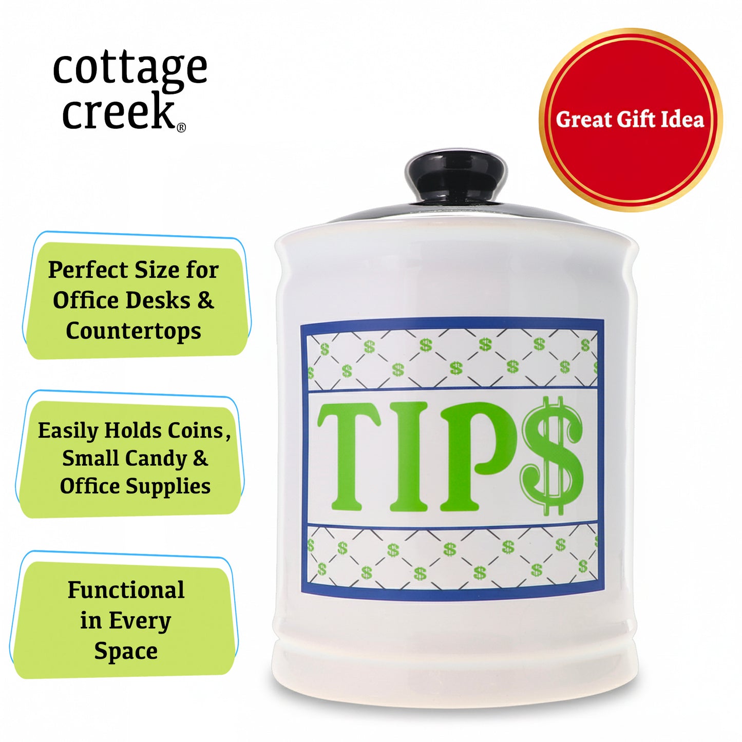 Cottage Creek Jars | Tip Jar for Money | Ceramic Tips Piggy Bank, Donation, Gratitude Tips Jar | Gifts for Women, Men, Musicians, Bartender | Christmas Gift Ideas