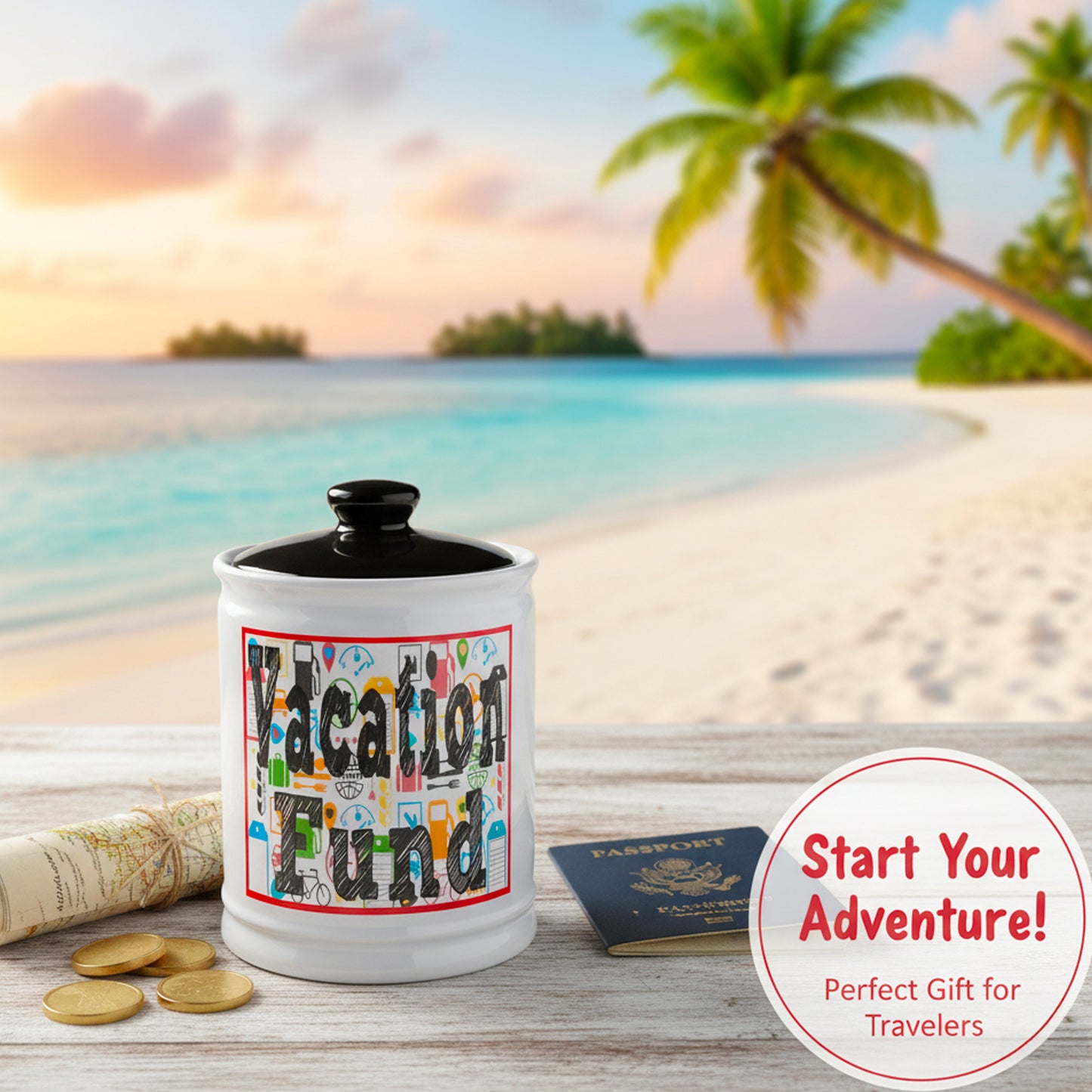 Cottage Creek Jars Vacation Fund Travel Piggy Bank | Ceramic Trip Fund Jar & Travel Money Jar | Home & Bedroom Decor Vacation Essentials Savings Storage Container | Gifts for Women, Men, Couples