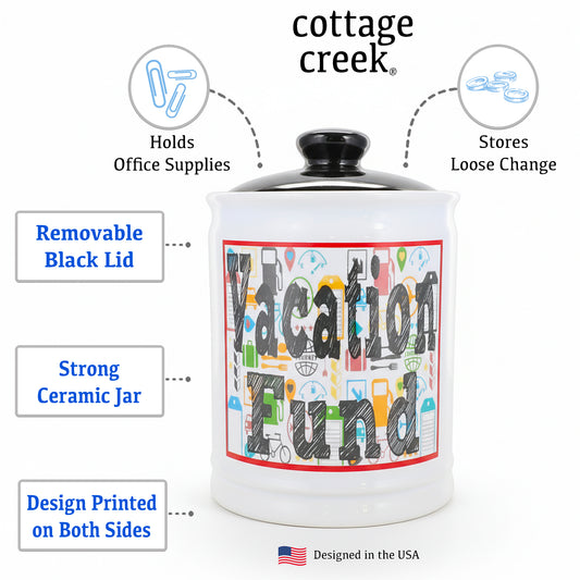 Cottage Creek Jars Vacation Fund Travel Piggy Bank | Ceramic Trip Fund Jar & Travel Money Jar | Home & Bedroom Decor Vacation Essentials Savings Storage Container | Gifts for Women, Men, Couples