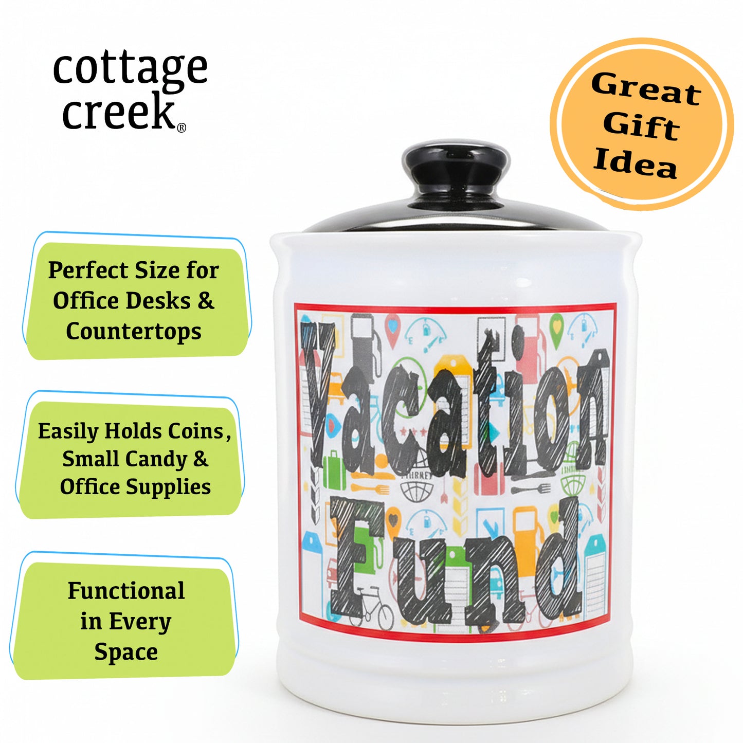 Cottage Creek Jars Vacation Fund Travel Piggy Bank | Ceramic Trip Fund Jar & Travel Money Jar | Home & Bedroom Decor Vacation Essentials Savings Storage Container | Gifts for Women, Men, Couples