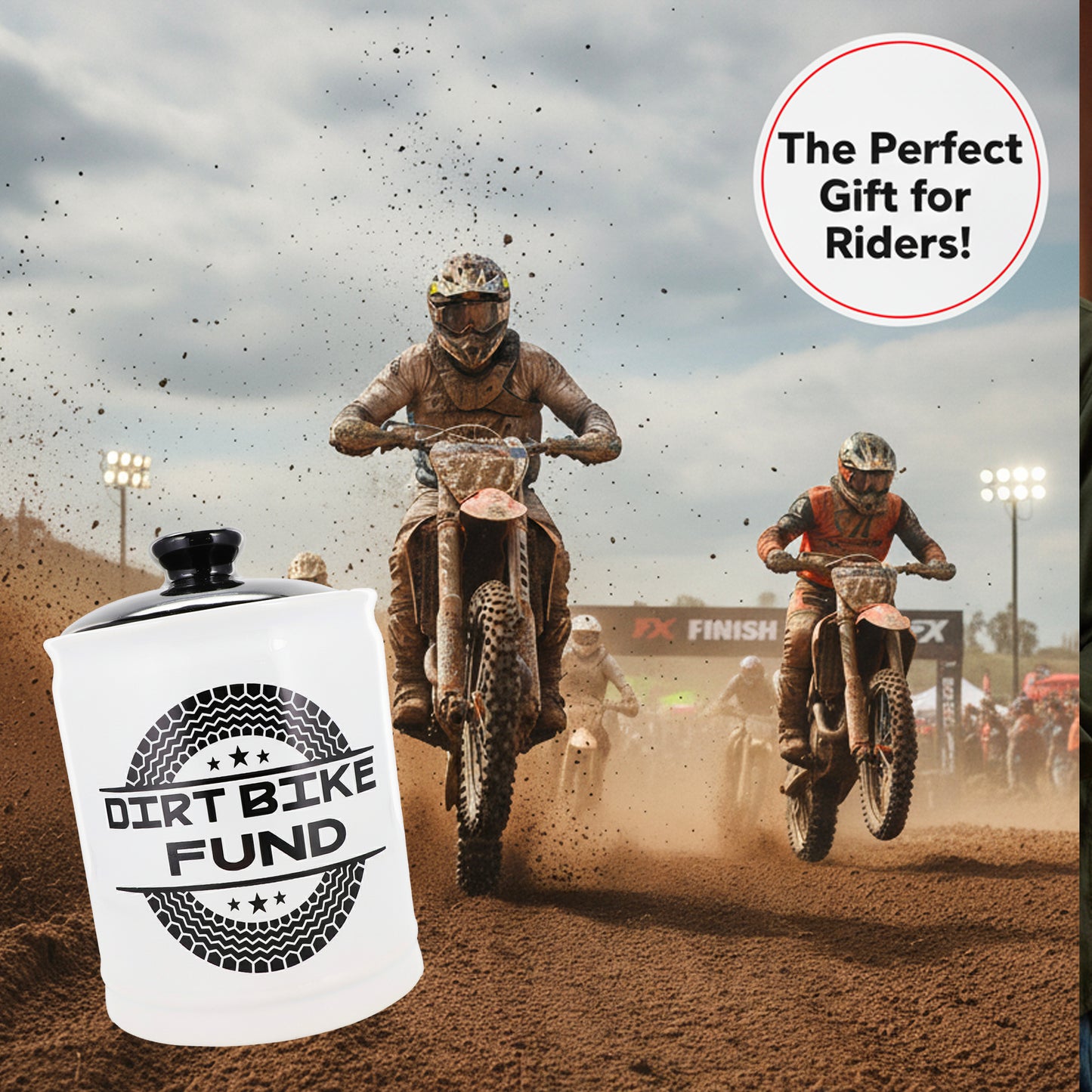 Cottage Creek Dirt Bike Fund Ceramic Jar with Lid - Fun Piggy Bank & Candy Jar, Perfect Gifts for Men, Dad, & Boyfriend - Cool Desk Decor & Man Cave Accessories for Motorcycle, Motocross, & ATV Riders