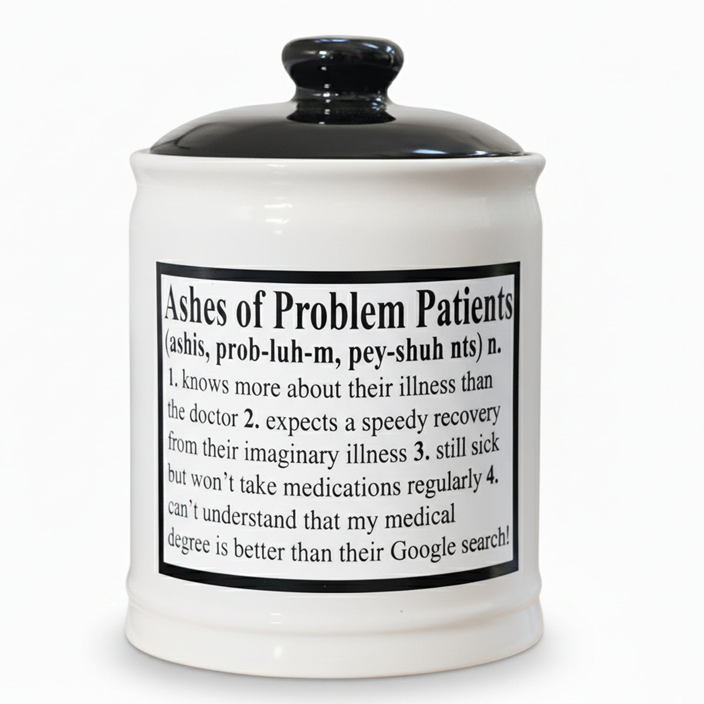 Cottage Creek Ceramic Piggy Bank, Money Jar, Ashes of Problem Patients White and Black 6" Ceramic Change Jar with Lid, Cute Jars for Nurses, Doctors, Women and Men