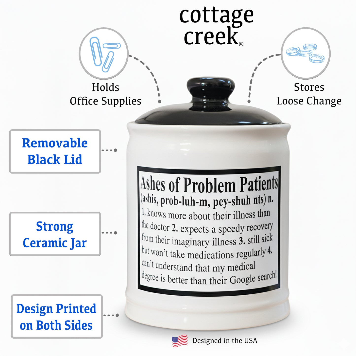 Cottage Creek Ceramic Piggy Bank, Money Jar, Ashes of Problem Patients White and Black 6" Ceramic Change Jar with Lid, Cute Jars for Nurses, Doctors, Women and Men