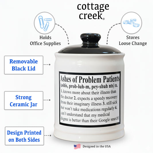 Cottage Creek Ceramic Piggy Bank, Money Jar, Ashes of Problem Patients White and Black 6" Ceramic Change Jar with Lid, Cute Jars for Nurses, Doctors, Women and Men