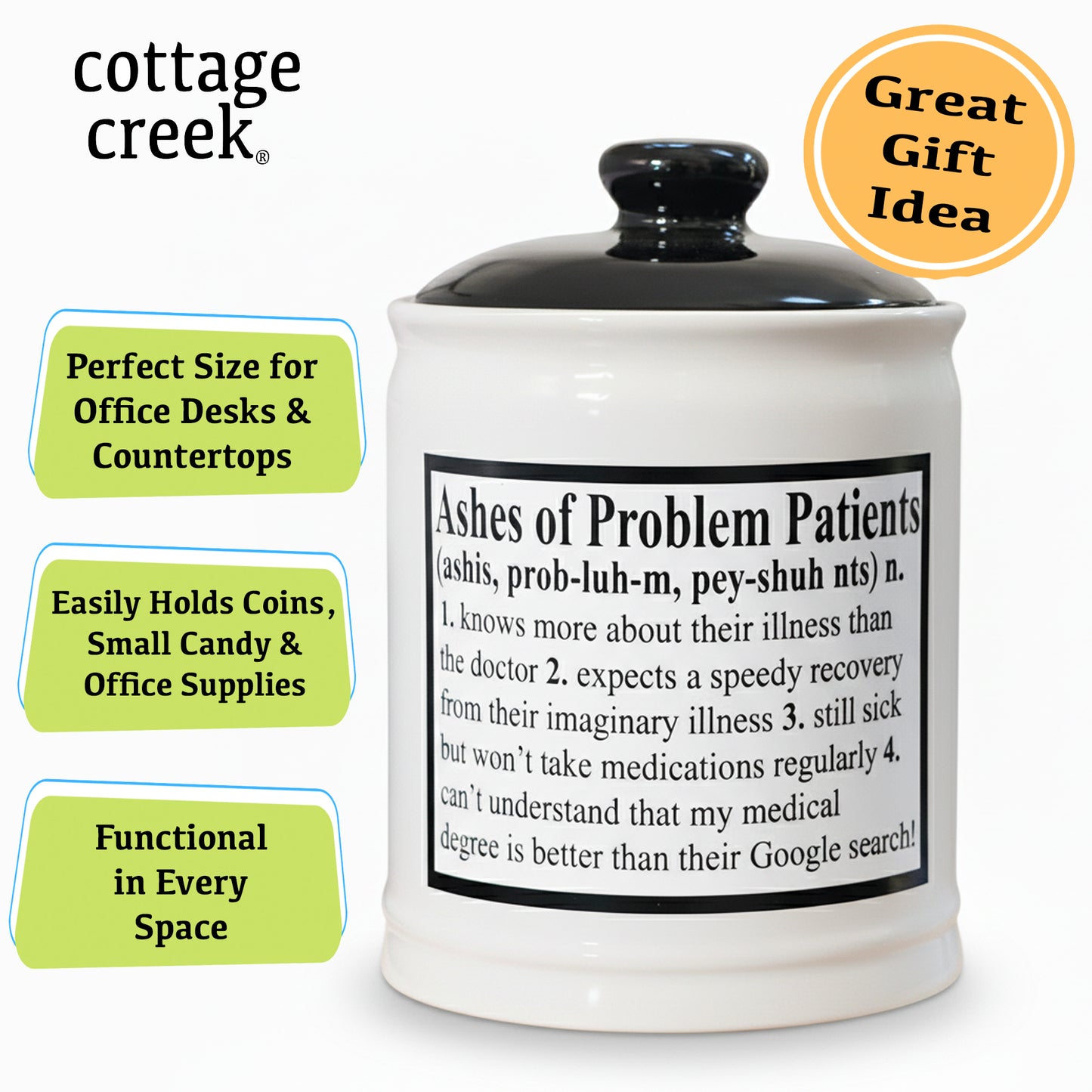 Cottage Creek Ceramic Piggy Bank, Money Jar, Ashes of Problem Patients White and Black 6" Ceramic Change Jar with Lid, Cute Jars for Nurses, Doctors, Women and Men