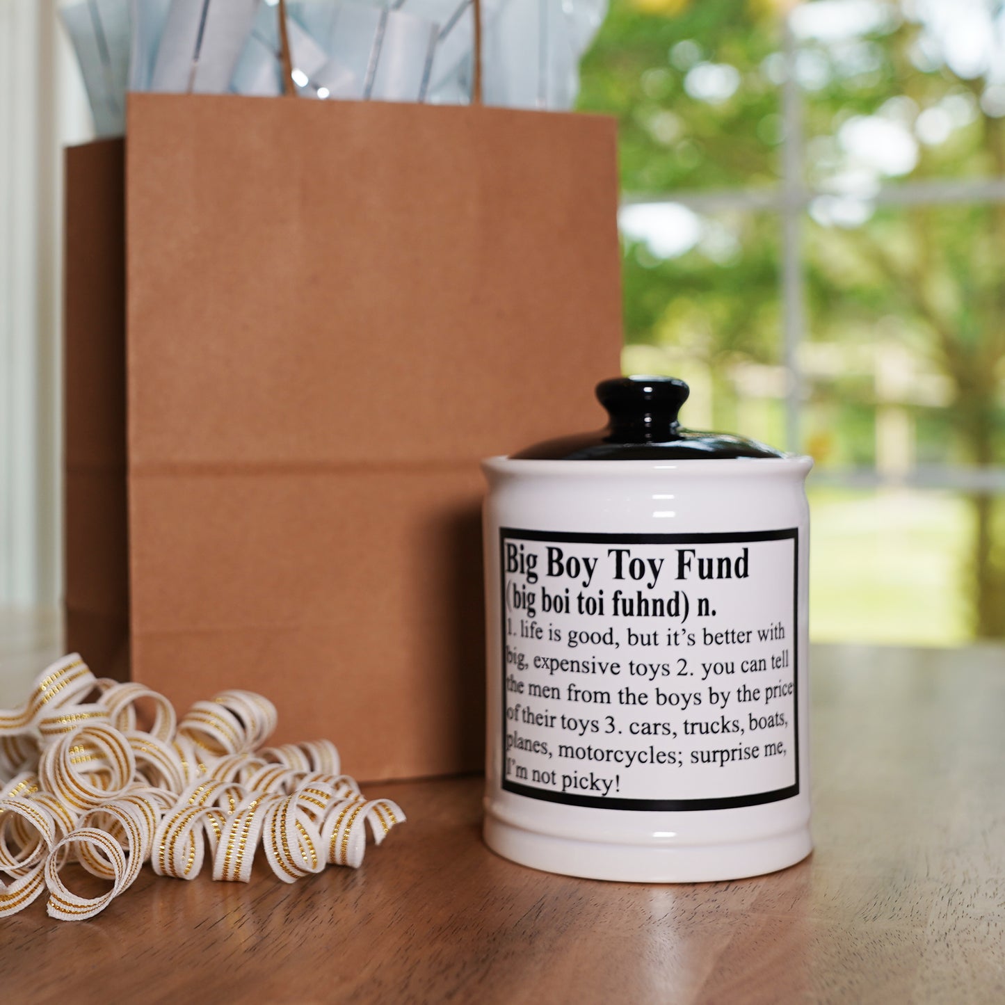 Cottage Creek Big Boy Toy Fund Piggy Bank, Ceramic Multicolored 6" Candy Jar, Dad Gifts