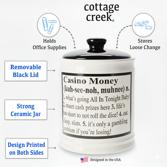 Cottage Creek Casino Money Slot Machine Piggy Bank, Ceramic Gambling Jar, Vegas Themed Gifts for Gamblers, Men, Women, Birthday, Christmas & White Elephant Parties, Casino Decor for Home & Office