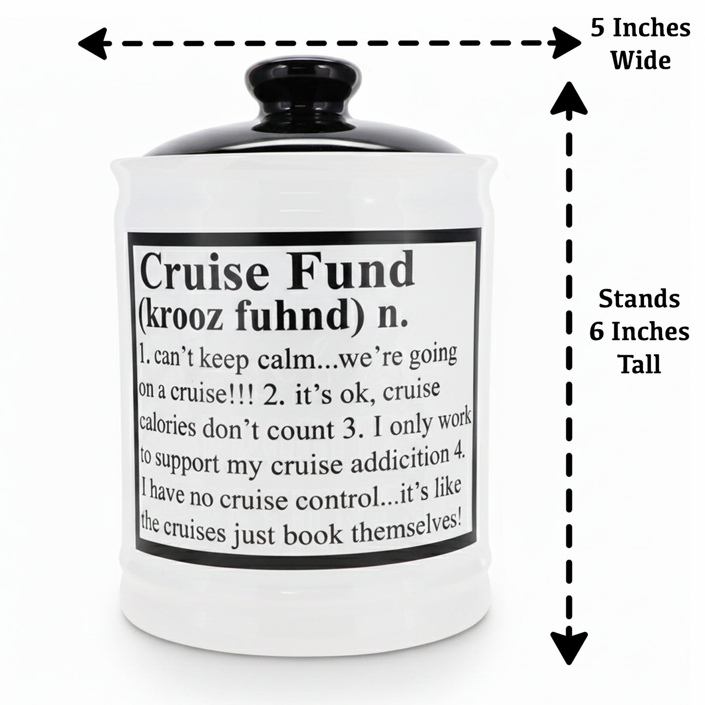 Cottage Creek Jars | Cruise Fund Piggy Bank, Travel Essentials Vacation Money Jar | Fun Birthday Gifts for Women, Men, Couples | Ceramic Travel Fund Bank, 6-Inch White Cruise Essentials Jar