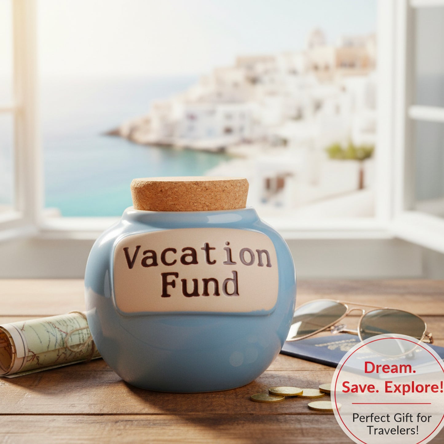 Cottage Creek Vacation Fund Piggy Bank, Our Adventure Ceramic, 6", Light Blue Travel Savings Bank, Candy Jar
