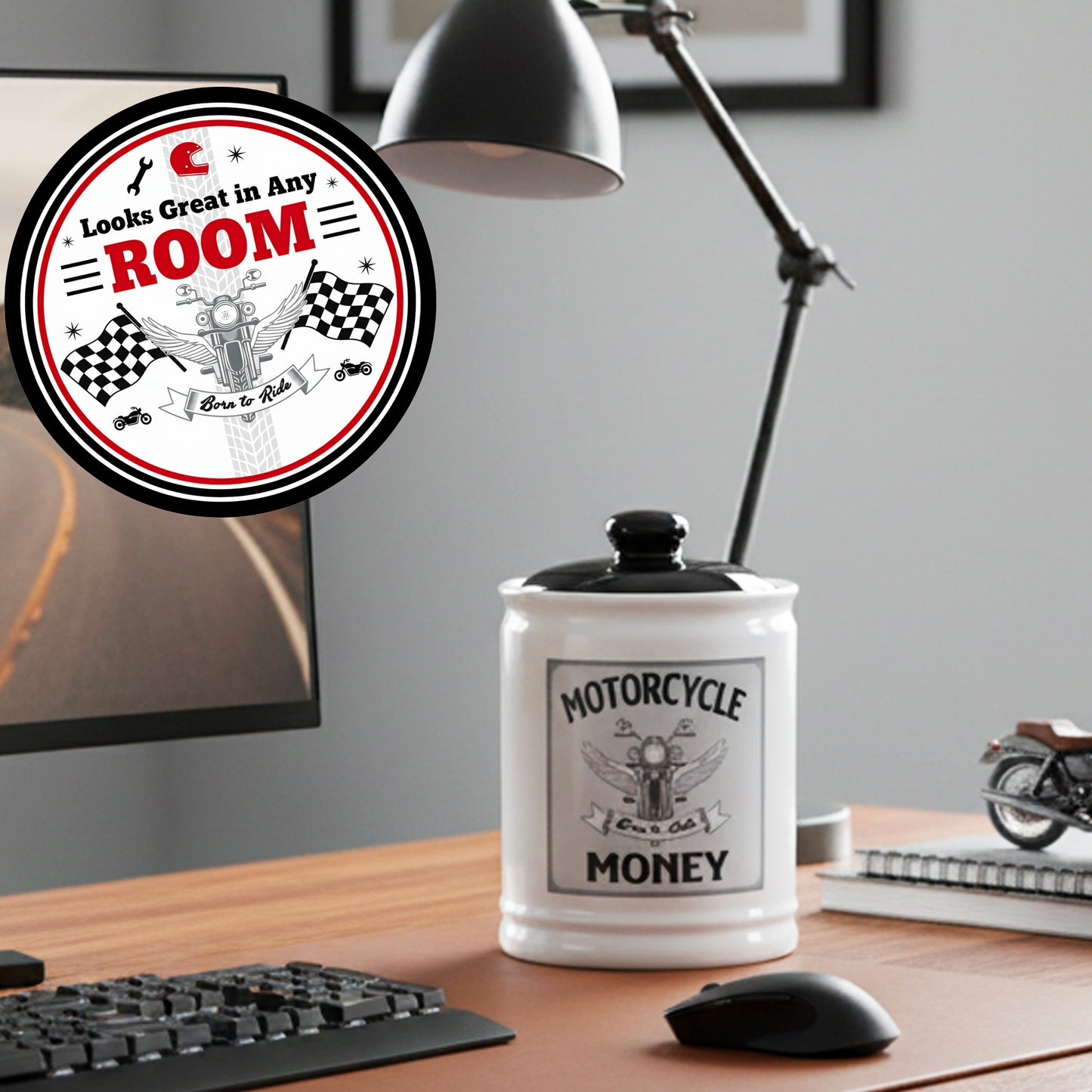 Cottage Creek Jars | Motorcycle Money Ceramic Bank, Motorcycle Piggy Bank for Men - Unique Car Accessories & Birthday Gifts for Women, Men | Home Decor Coin Jar, Candy Jar | Biker Gifts