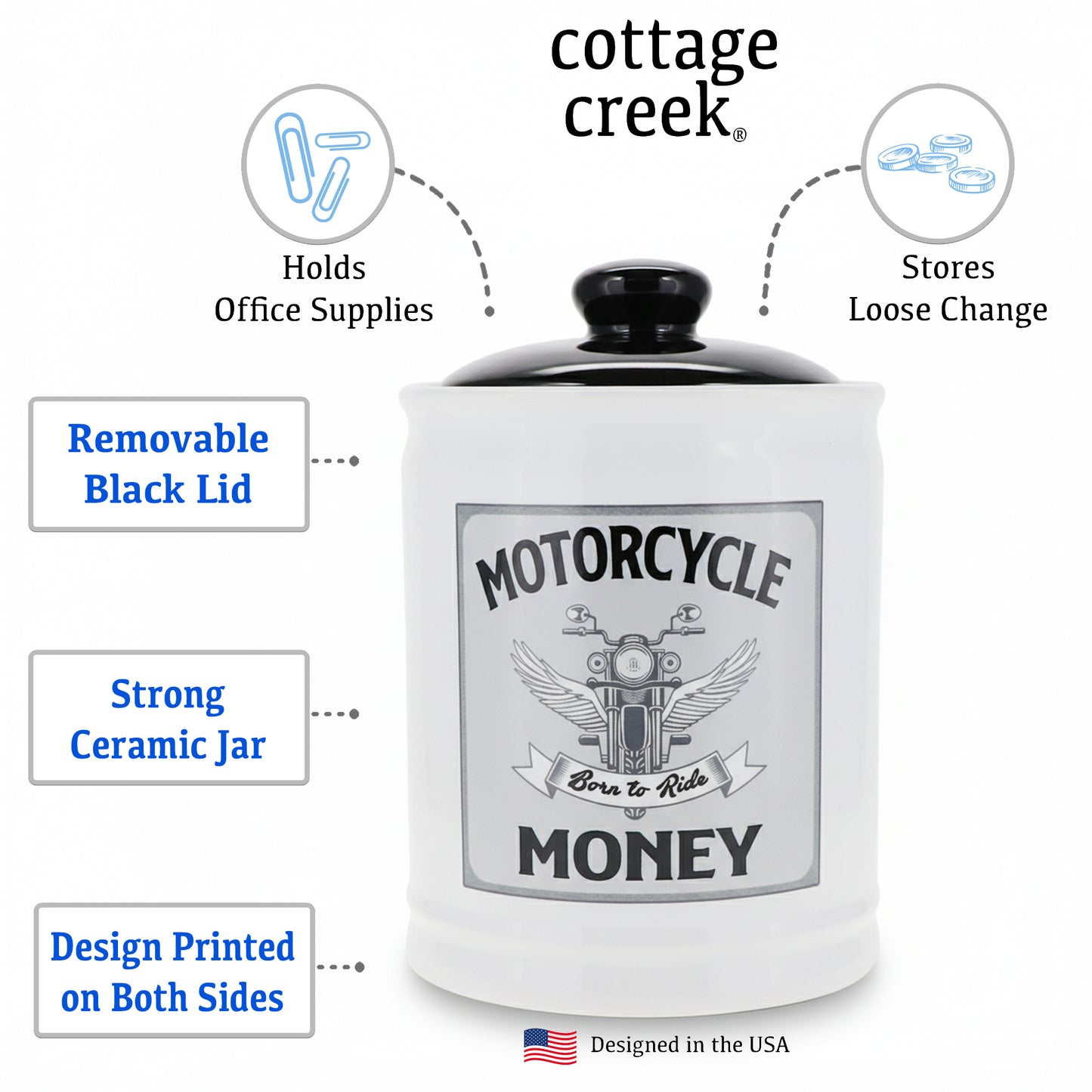 Cottage Creek Jars | Motorcycle Money Ceramic Bank, Motorcycle Piggy Bank for Men - Unique Car Accessories & Birthday Gifts for Women, Men | Home Decor Coin Jar, Candy Jar | Biker Gifts