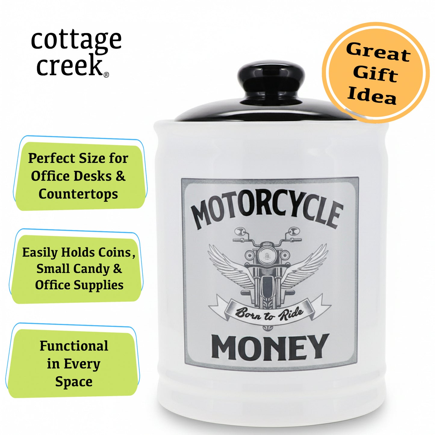 Cottage Creek Jars | Motorcycle Money Ceramic Bank, Motorcycle Piggy Bank for Men - Unique Car Accessories & Birthday Gifts for Women, Men | Home Decor Coin Jar, Candy Jar | Biker Gifts