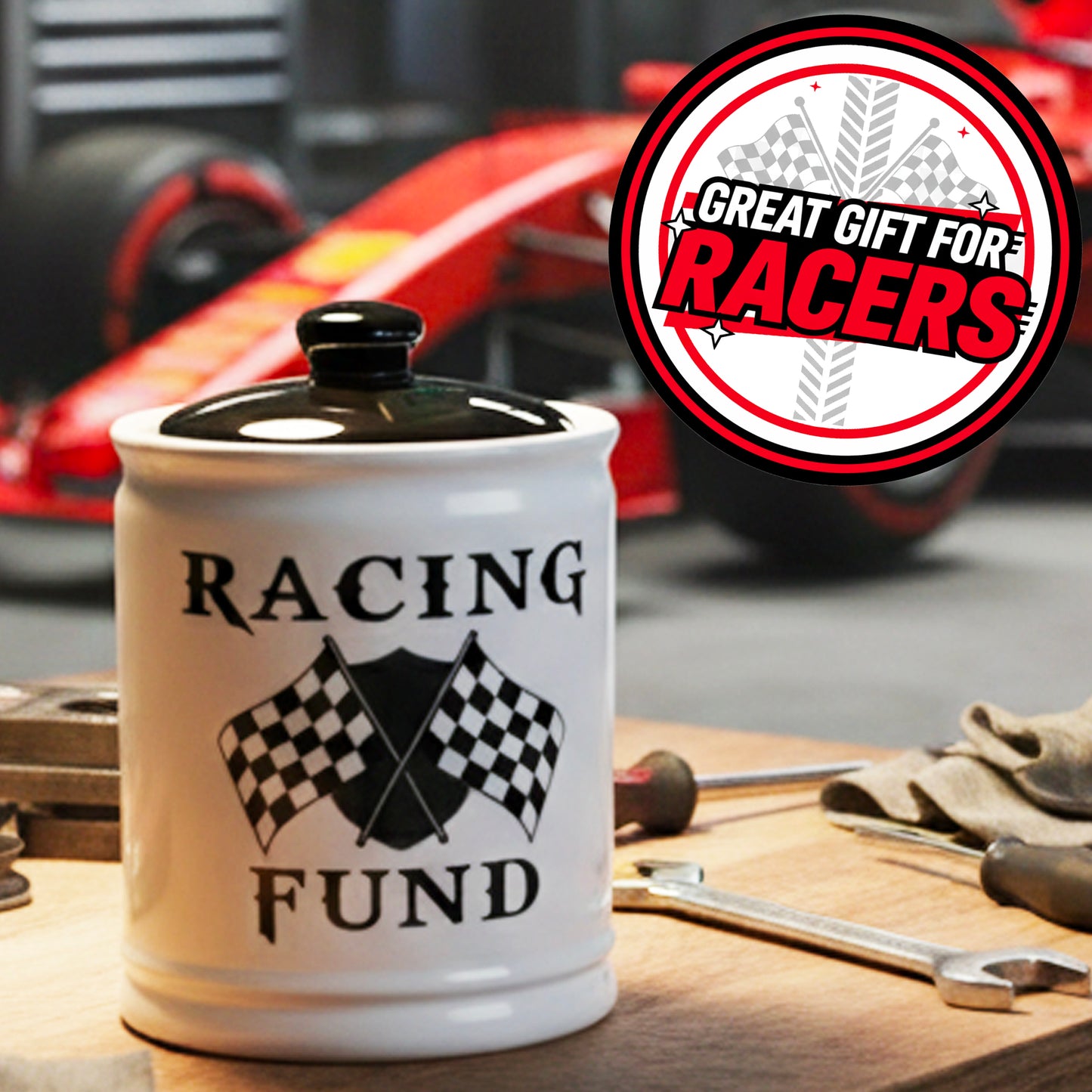 Cottage Creek Jars - Racing Fund Piggy Bank, 6" Black and White Money Bank Change Storage Containers with Lid, Race Car Gifts for Women and Men, Perfect for Motorcycle, Dirt Bike and Race Lovers