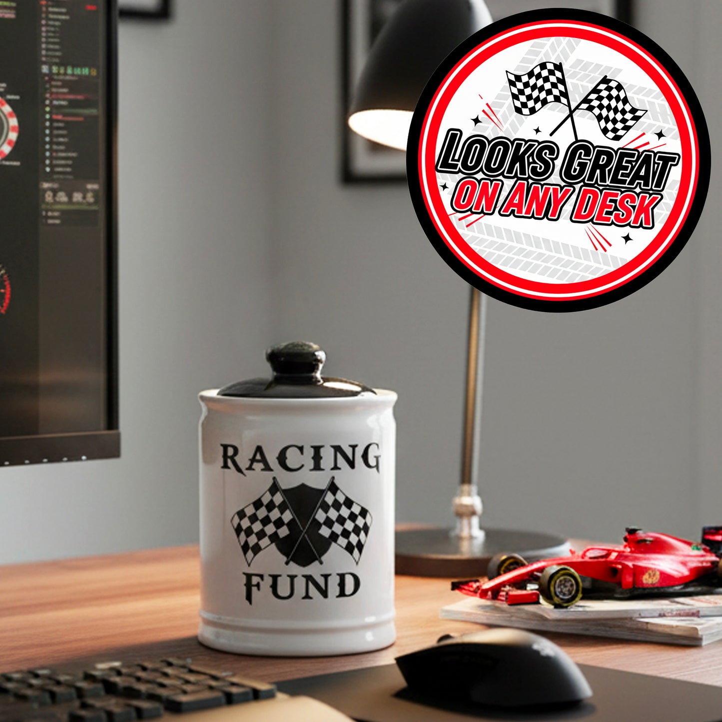 Cottage Creek Jars - Racing Fund Piggy Bank, 6" Black and White Money Bank Change Storage Containers with Lid, Race Car Gifts for Women and Men, Perfect for Motorcycle, Dirt Bike and Race Lovers