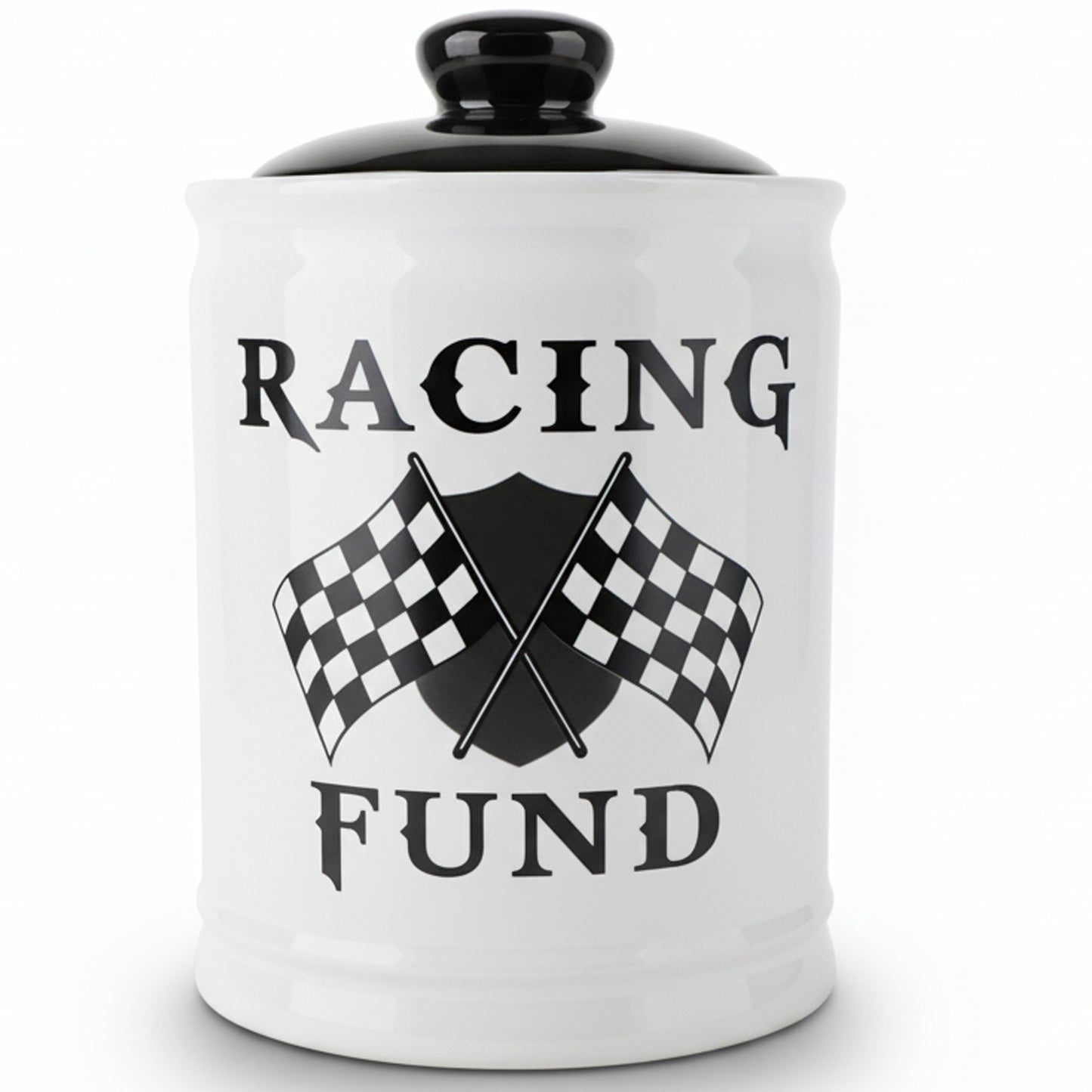 Cottage Creek Jars - Racing Fund Piggy Bank, 6" Black and White Money Bank Change Storage Containers with Lid, Race Car Gifts for Women and Men, Perfect for Motorcycle, Dirt Bike and Race Lovers