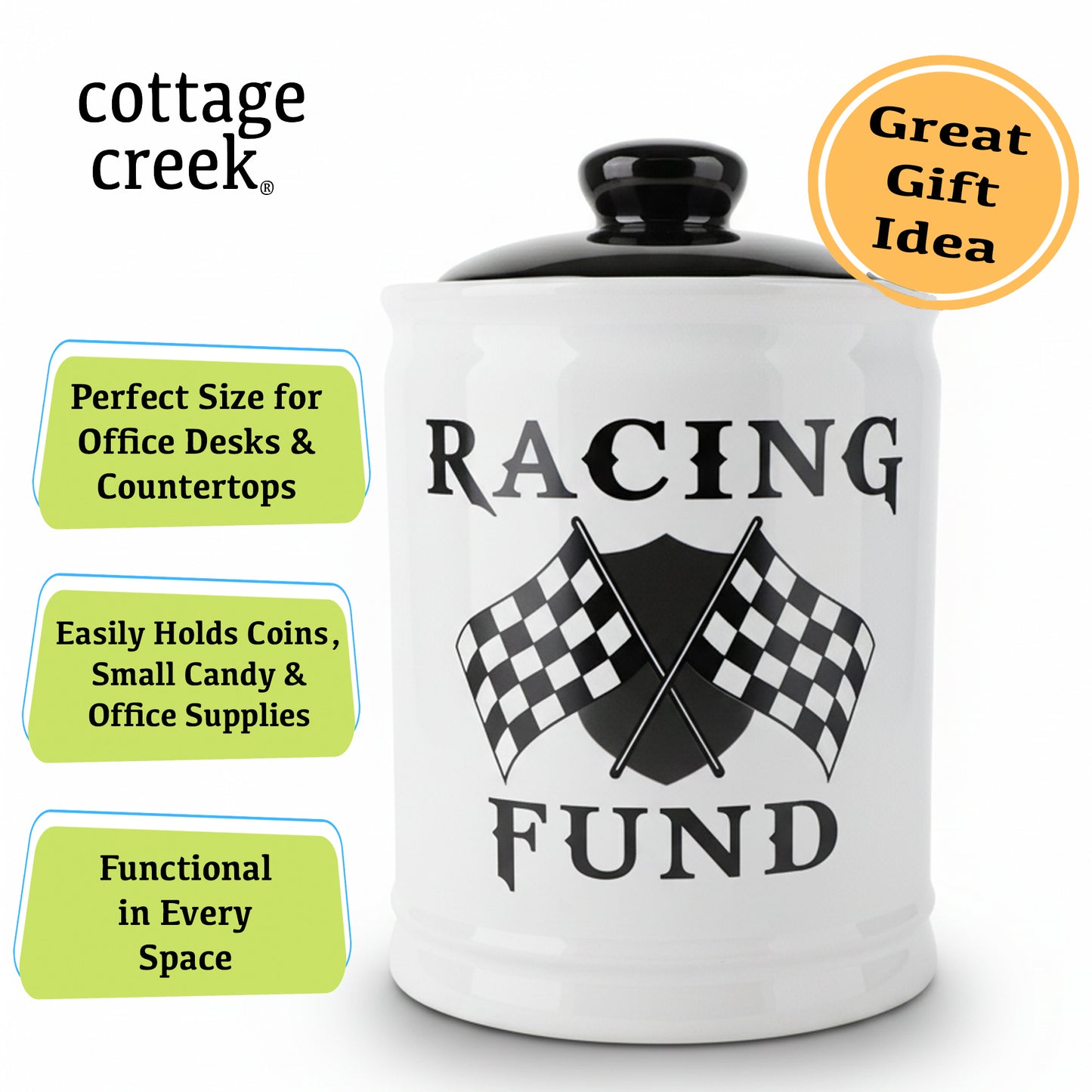 Cottage Creek Jars - Racing Fund Piggy Bank, 6" Black and White Money Bank Change Storage Containers with Lid, Race Car Gifts for Women and Men, Perfect for Motorcycle, Dirt Bike and Race Lovers