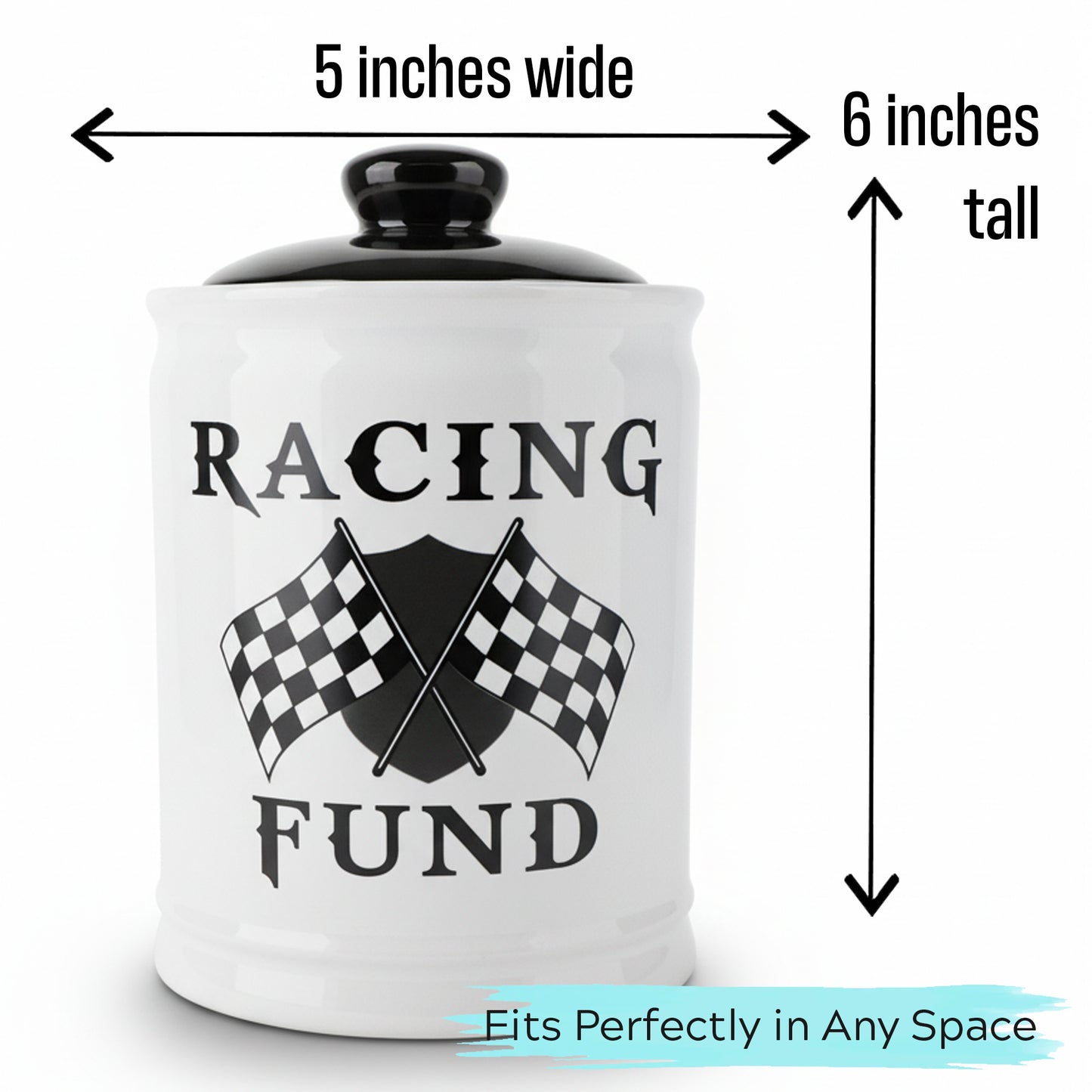 Cottage Creek Jars - Racing Fund Piggy Bank, 6" Black and White Money Bank Change Storage Containers with Lid, Race Car Gifts for Women and Men, Perfect for Motorcycle, Dirt Bike and Race Lovers