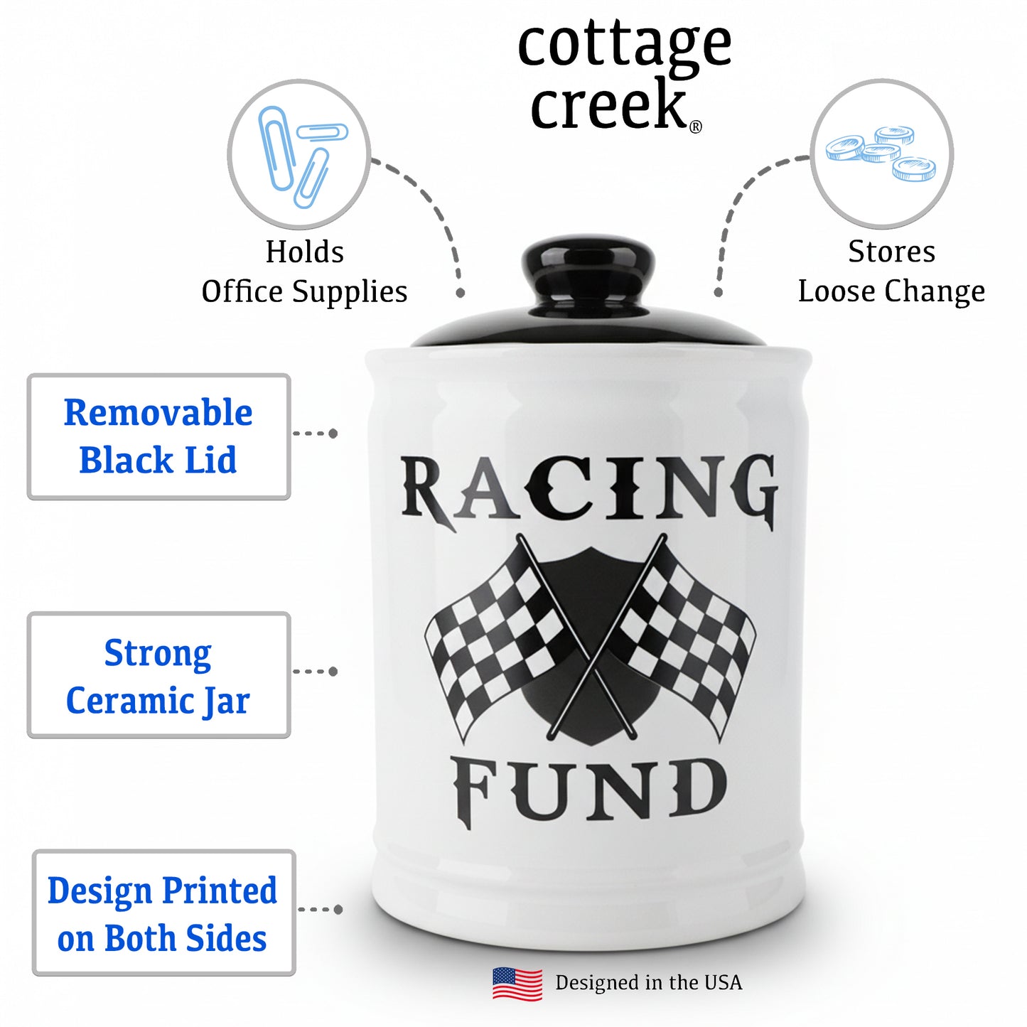 Cottage Creek Jars - Racing Fund Piggy Bank, 6" Black and White Money Bank Change Storage Containers with Lid, Race Car Gifts for Women and Men, Perfect for Motorcycle, Dirt Bike and Race Lovers