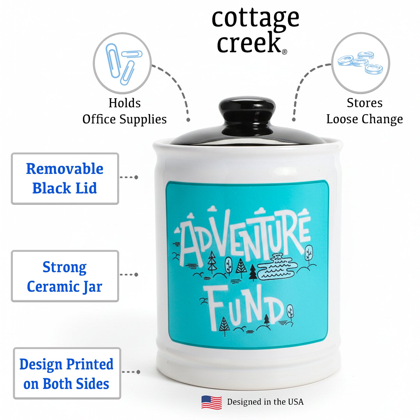 Cottage Creek Jars Adventure Fund Travel Piggy Bank | Ceramic Trip Fund Jar & Travel Money Jar | Home & Bedroom Decor Vacation Essentials Savings Storage Container | Gifts for Women, Men, Couples
