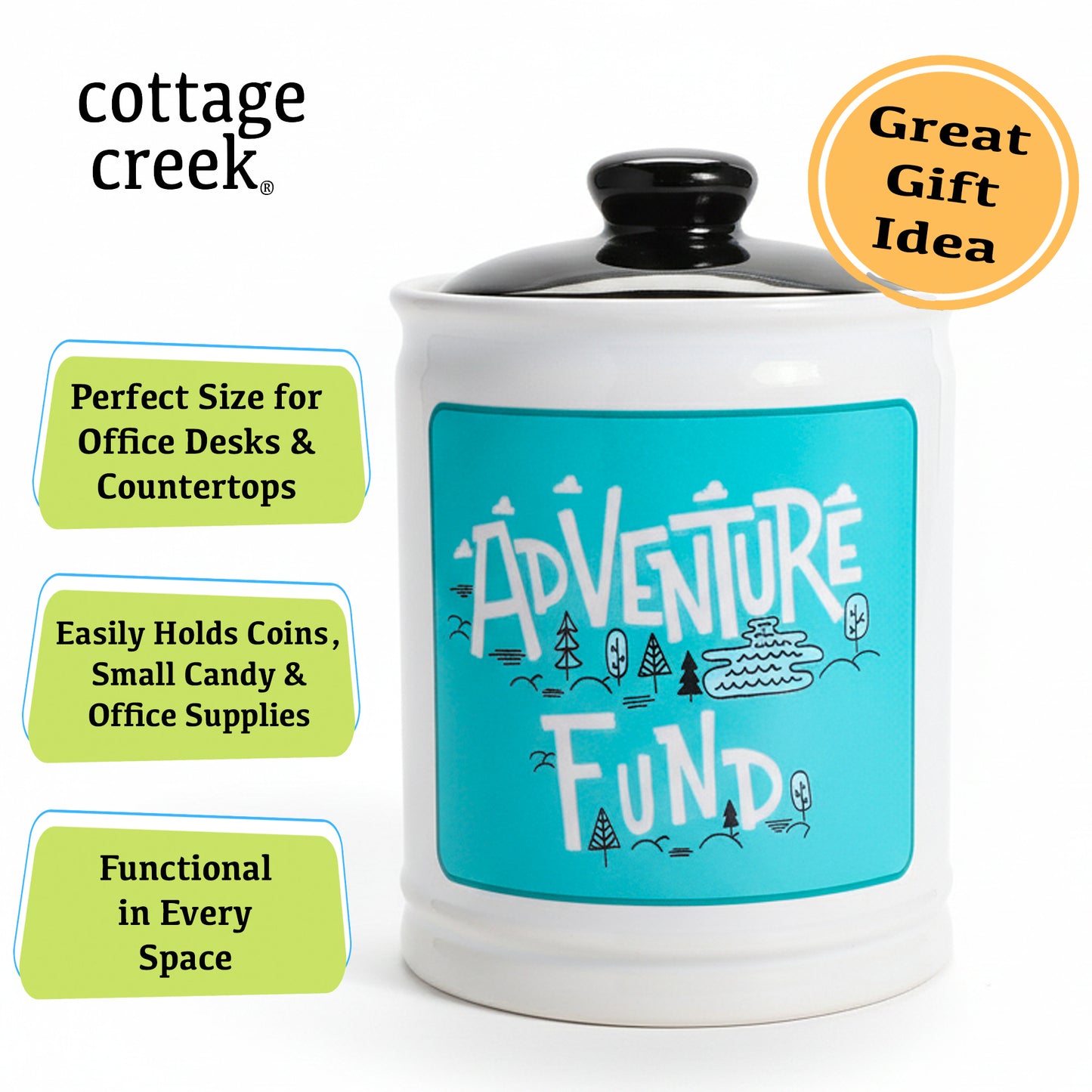 Cottage Creek Jars Adventure Fund Travel Piggy Bank | Ceramic Trip Fund Jar & Travel Money Jar | Home & Bedroom Decor Vacation Essentials Savings Storage Container | Gifts for Women, Men, Couples