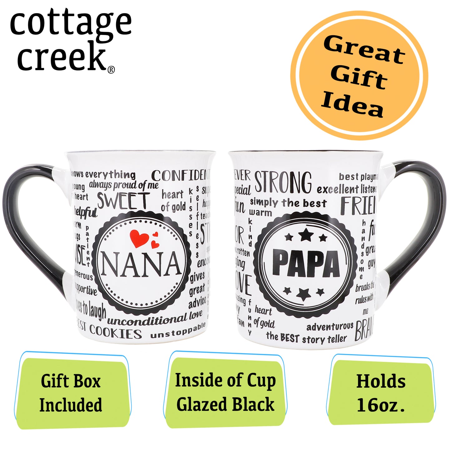 Cottage Creek Nana Papa Set of 2 Ceramic, 16oz, Multicolored, Coffee Mugs