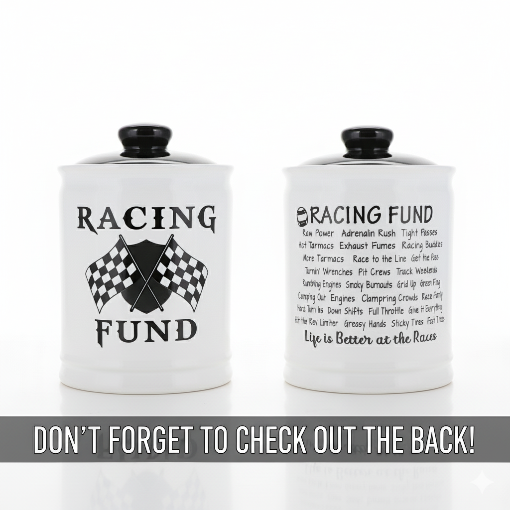 Cottage Creek Jars - Racing Fund Piggy Bank, 6" Black and White Money Bank Change Storage Containers with Lid, Race Car Gifts for Women and Men, Perfect for Motorcycle, Dirt Bike and Race Lovers