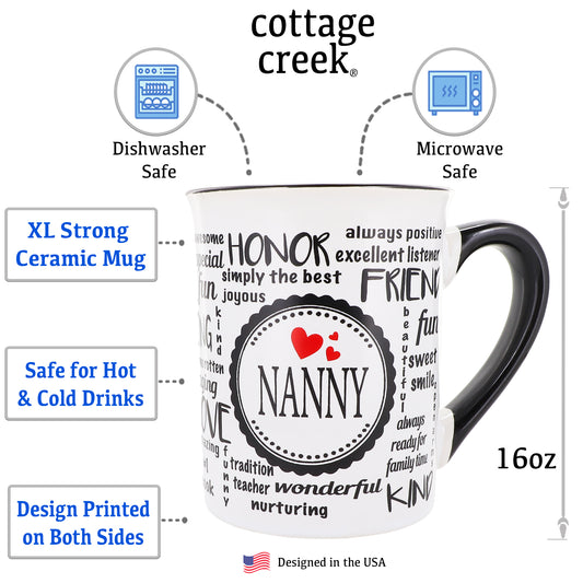 Cottage Creek Nanny Mug, Nanny Coffee Mug, Ceramic 16oz., 6" Multicolored