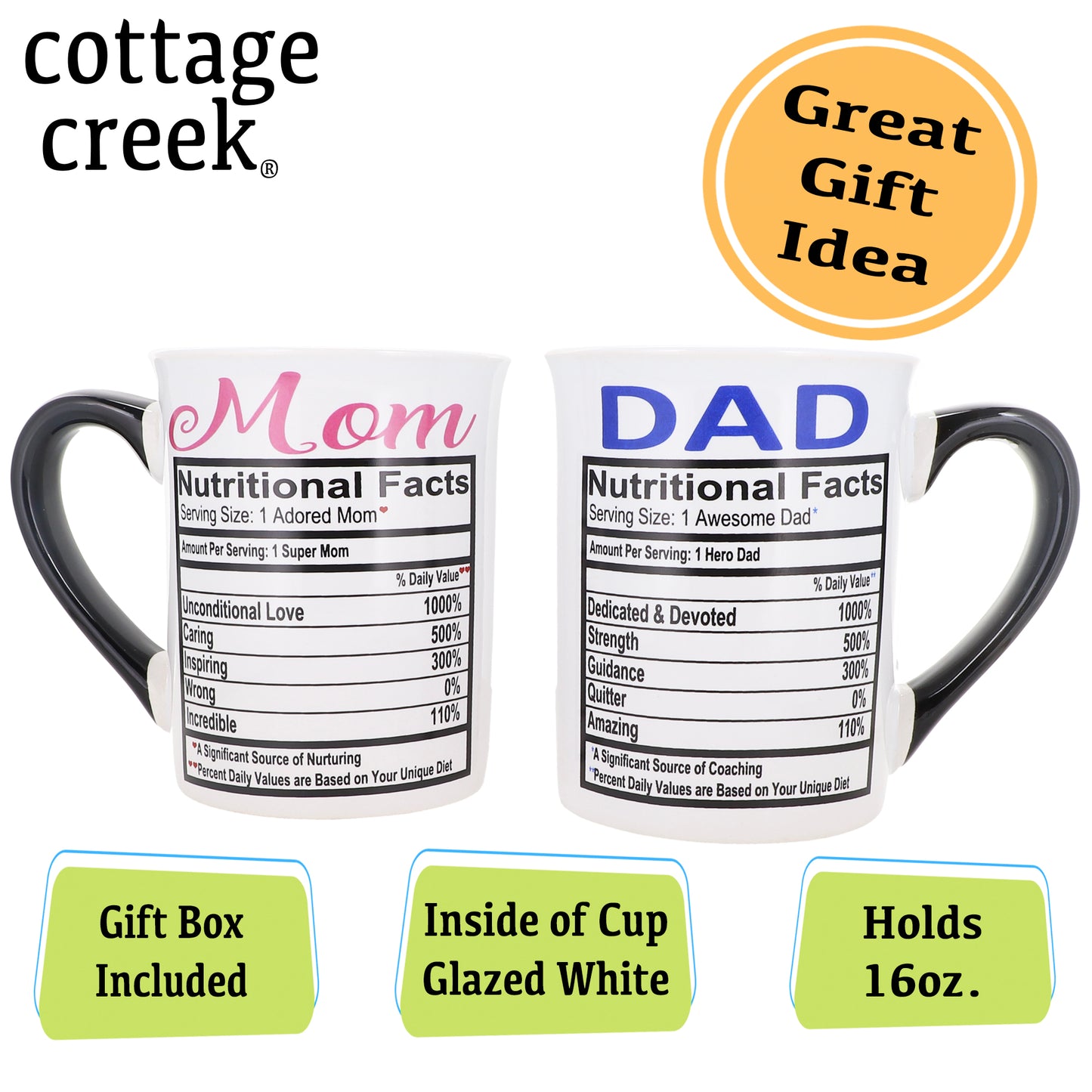 Cottage Creek Mom Dad Mugs, Set of Two 16oz. Ceramic Mom and Dad Coffee Mugs
