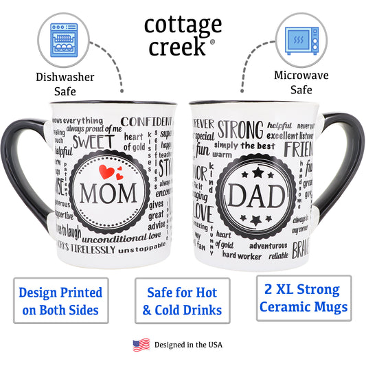 Cottage Creek Mom Dad Mugs, Set of Two 16oz. Ceramic Mom and Dad Coffee Mugs