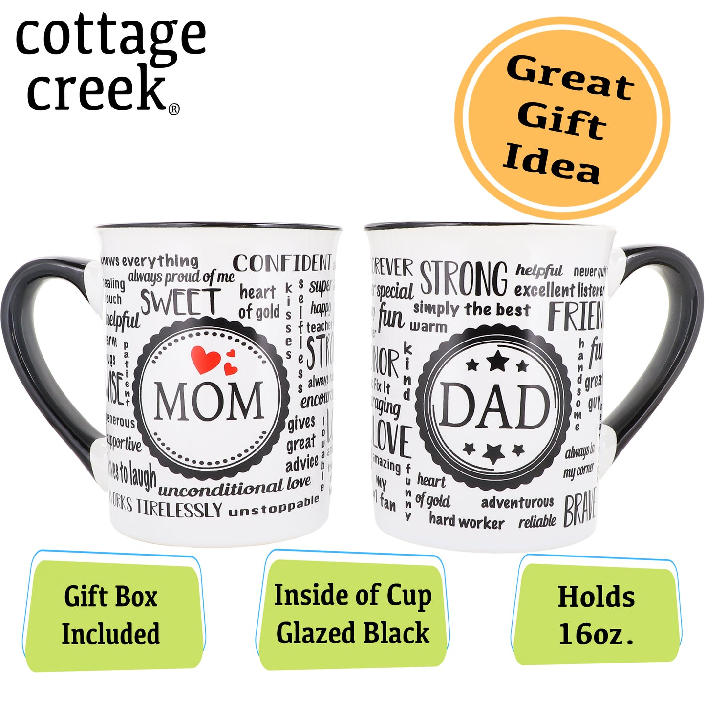 Cottage Creek Mom Dad Mugs, Set of Two 16oz. Ceramic Mom and Dad Coffee Mugs