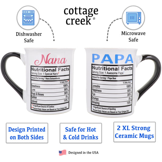 Cottage Creek Nana Papa Mugs, Set of Two 16oz. Ceramic Coffee Mugs, Grandparent Gifts