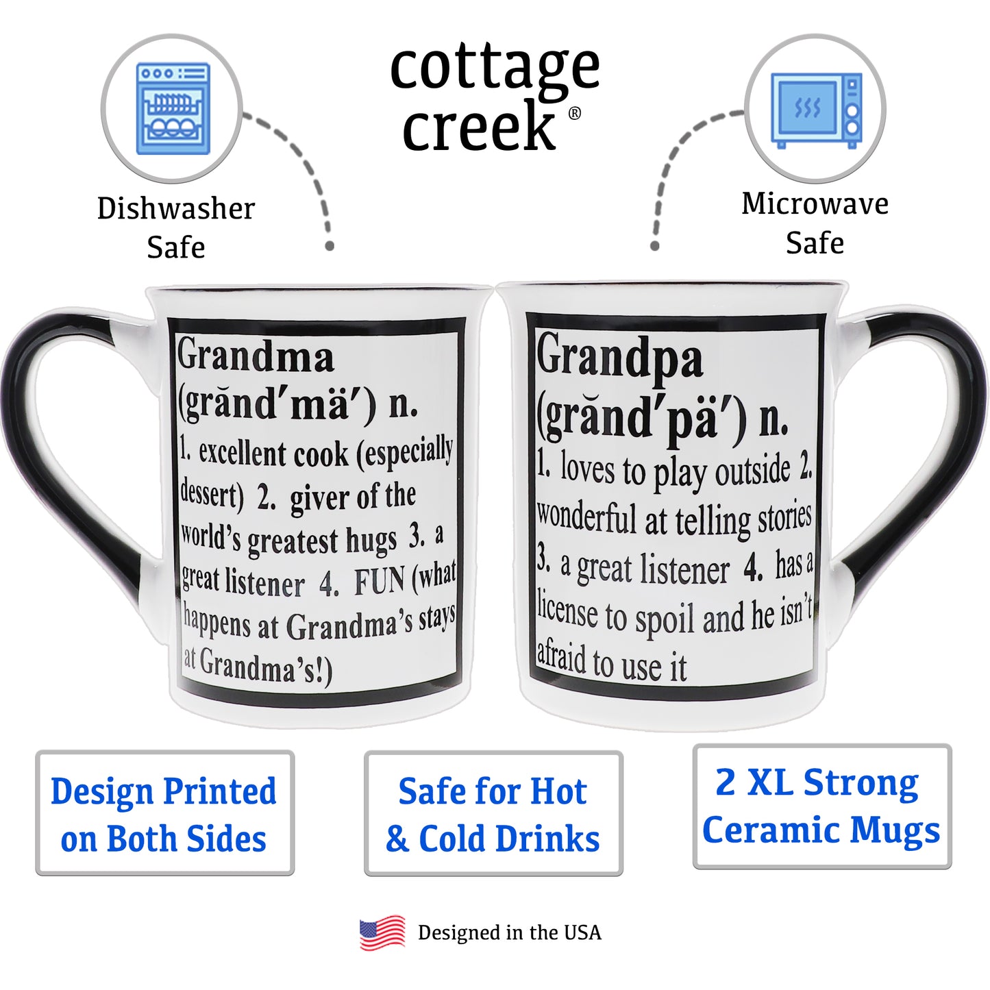 Cottage Creek Grandma Grandpa Mug Set, Two Multicolored, Ceramic, 6" Grandparent Mugs