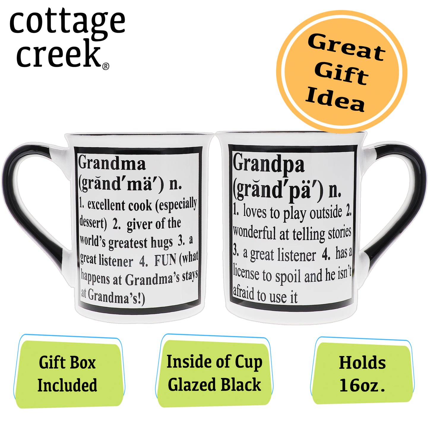Cottage Creek Grandma Grandpa Mug Set, Two Multicolored, Ceramic, 6" Grandparent Mugs