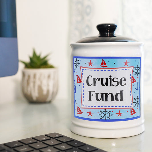 Cottage Creek Jars | Cruise Fund Piggy Bank, Travel Essentials Vacation Money Jar | Fun Birthday Gifts for Women, Men, Couples | Ceramic Travel Fund Bank, 6-Inch Cruise Essentials Jar