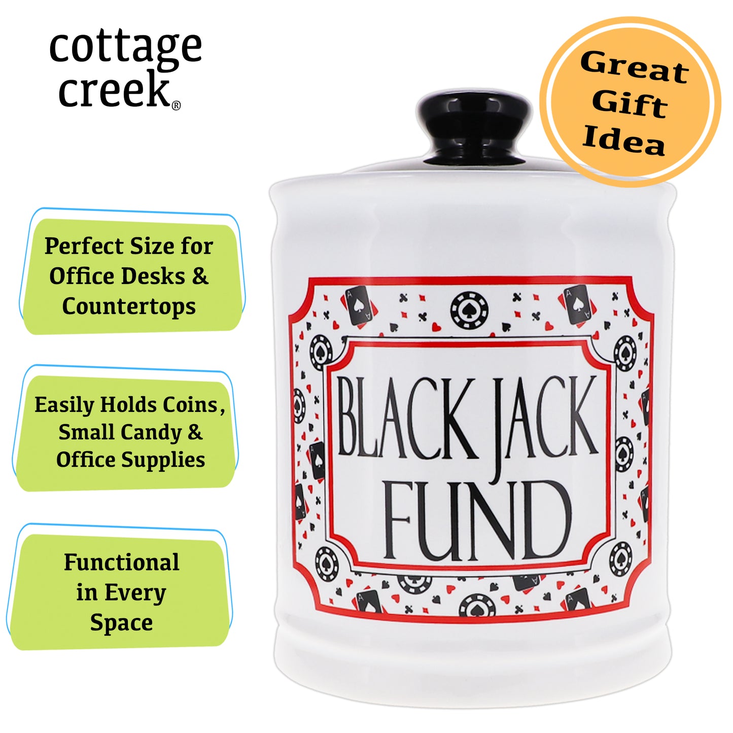 Cottage Creek Blackjack Fund Piggy Bank , Multicolored, Ceramic, 6" Casino Candy Jar, Gambling Gifts