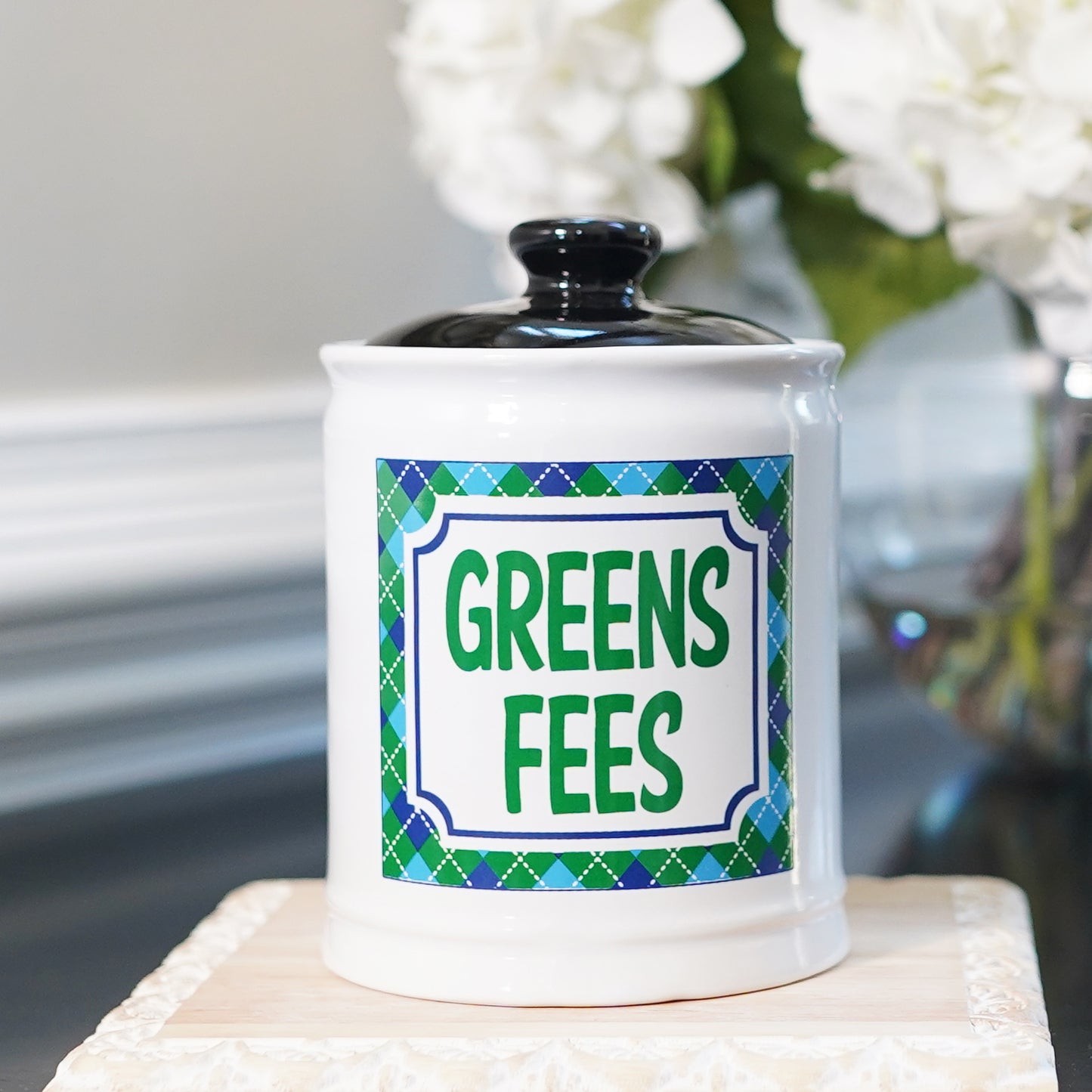 Cottage Creek Greens Fees Ceramic Piggy Bank for Adults - White Kiln-Fired Money Bank with Lid - 6" Tall Savings Jar for Golfers - Funny Golf Themed Gifts for Men & Women, Dad, & Golf Lovers