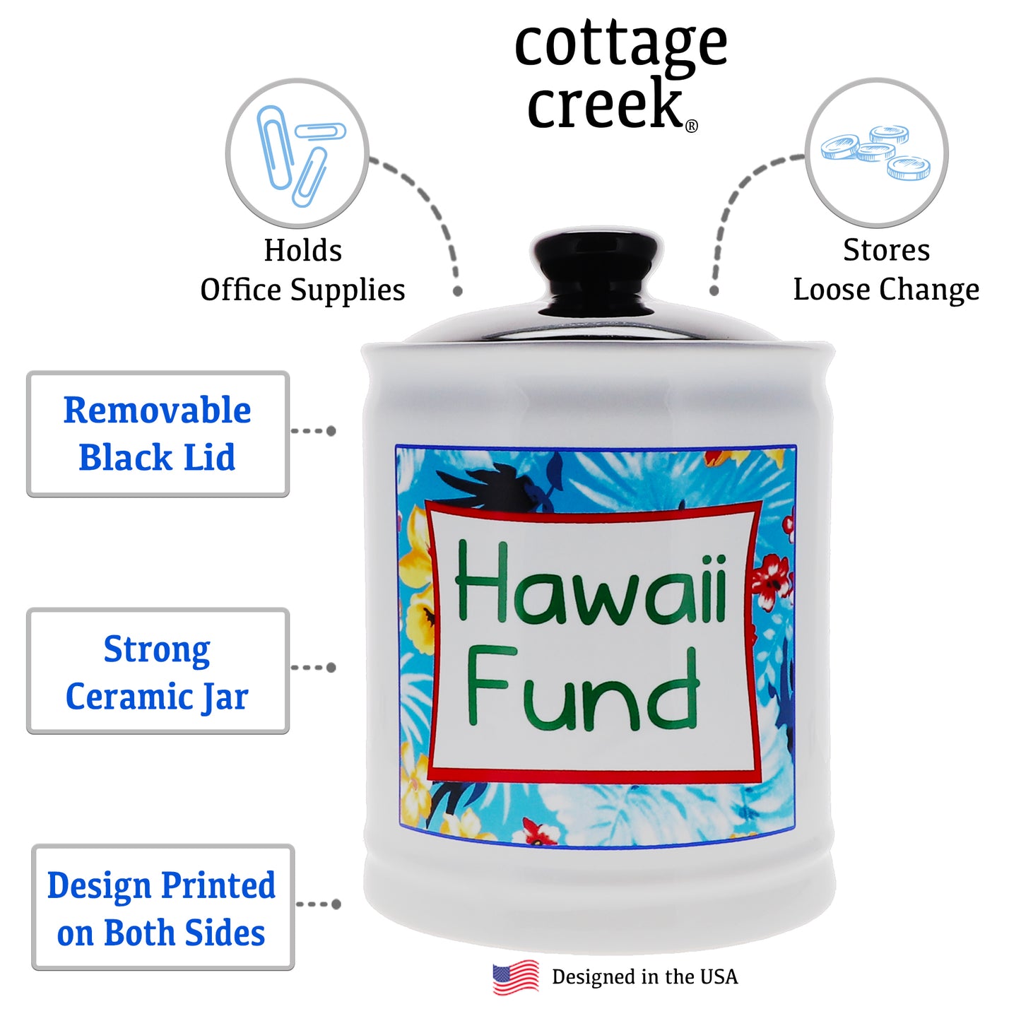 Cottage Creek Hawaii Fund Piggy Bank, Multicolored, Ceramic, 6" Hawaiian Vacation Travel Bank