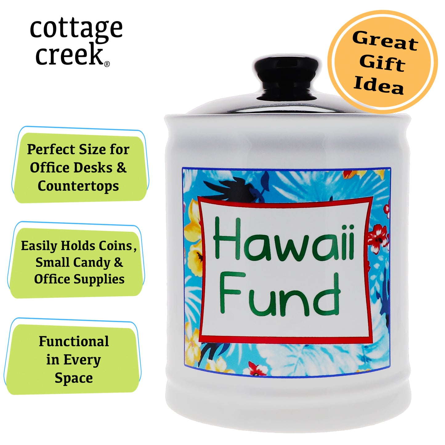 Cottage Creek Hawaii Fund Piggy Bank, Multicolored, Ceramic, 6" Hawaiian Vacation Travel Bank